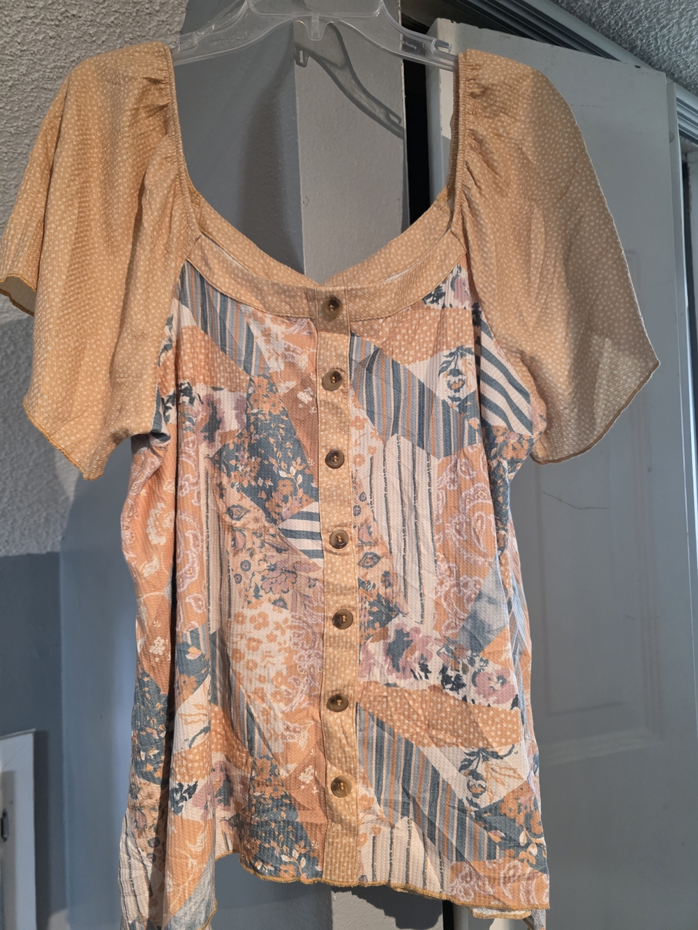 Cato Peach Patchwork Button-Front Top
